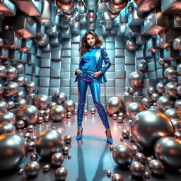 make a picture pretty stage made of metallic cyan-gray teme 3d fractal recursive cubic and sphere base structures and a beautiful fashion model lady posing with cute,with blue teme Chic style pants with a tight shirt and jacket,high heels ,makeup curvy long hair,dynamic camera zoom to full body and pan, dynamic lights.