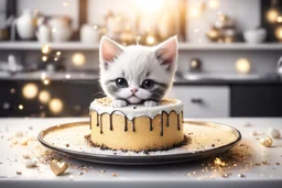 birthday cake, black and white chibi kitten in a beautiful kitchen, heart and love in the sunshine, watercolor and black ink outlines, sparkling golden glitter, ethereal, cinematic postprocessing, bokeh, dof