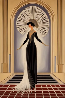 a woman with feathers in an Art Deco foyer by artist "Erté"