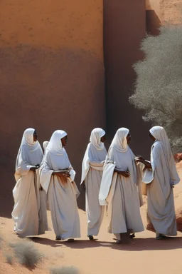 7 suore africane con tunica grigia giornata di sole precipizio fuori città , terra rossa