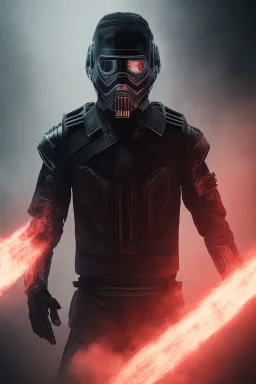 All Black Hayden Christensen soldier, ghost, wearing high tech mask, white smoke, dark, rage, sorrow, high definition, ultra 8 k, volumetric lighting, blue fire, fog