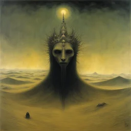 [art by Zdzisław Beksiński] A creature stirred, its reptilian eyes, I froze in terror, praying it wouldn't realize My presence, hidden, though my heart did pound. Then another came, adorned in tribal crown. Wandering these dunes, a mystery unbound, Visions and memories, swirling all around. What forces brought me to this alien ground? A soulful lament, my heart's resound.