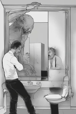 a man looking into a shattered bathroom mirror and seeing a horrifying, abstract deranged monster in his reflection