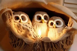 Cute stuffed owls lie in a carved basket on a soft sling, by candlelight