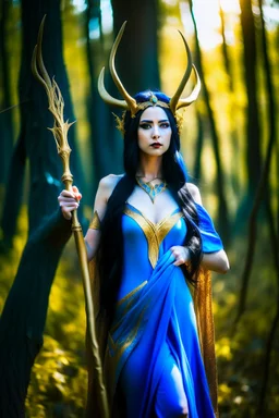 A picture of a beautiful blue faced Korean goddess with skin painted blue, blue body, blue torso, wild black hair, stag antlers, elven ears, golden skirt, holding a staff in a sunny forrest