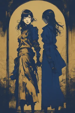 poster in two gradually, one girl illustration by <Yoji Shinkawa> and one girl illustration by <John Kenn Mortensen>, darkblue and gold tones,