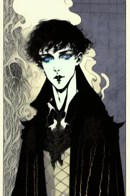 17 year old boy, necromancer, friendly, looks dead, surrounded by weird smoke with eyes, wearing black robes, in the style of Harry Clarke