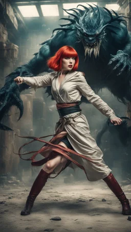 Full-body retro photo of a woman with straight red hair and a Fringe, in a fight with a monster, wrapped in tenacles, in an action pose, sci-fi Background