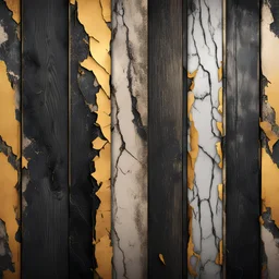 Hyper Realistic black & golden grungy multicolored broken wooden planks with rustic marble texture & vignette effect