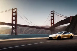 A Tesla 'Model Y' is racing at top speed, on the 'Golden Gate' bridge. (CINEMATIC, WIDE ANGLE LENS, PHOTO REAL)