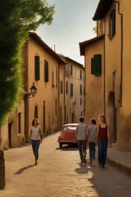 A realistic photo of a small Toscany town in late spring, a pair of inamorato young people on the street, early evening, last shines of sun in Henri Cartier-Bresson style