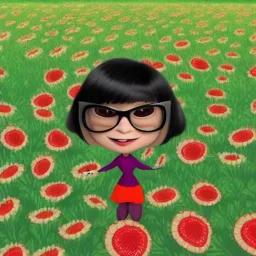 Edna Mode from the Incredibles lying in a field of flowers and watermelons, computer generated graphics