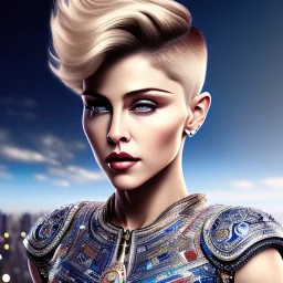 madonna, Cyborg warrior, light blonde short hair, pixie hairstyle, cobalt eyes, waist up portrait, 8k resolution, intricate details, ornate details, soft lighting, vibrant colors, masterpiece, intricate eyeliner, dark eyeshadow, eyes, intricate tattoos, futuristic cityscape background