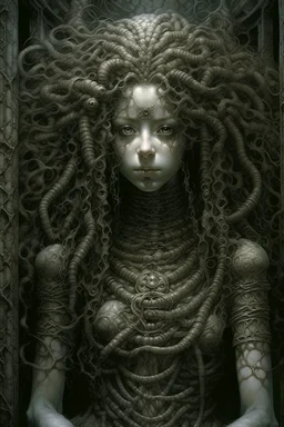 A beautiful girl with long curly hair , half the body , front view . decayed and rotting with grotesque proportions and imagery. grotesqueries, detailed texture, surreal horror, biomechanical design, by hr giger and beksinski