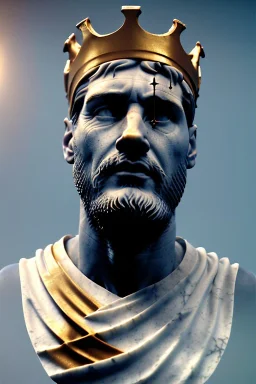 Ultra Realistic image, Roman sculpture, white marble material, Lionel Messi, gold crown of thorns rose, god crown, baroque ornaments, sun rays background, waist up portrait, epic, celestial, cinematic lighting, God lights, 4k resolution, smooth details, soft lighting, unreal engine 5, art station, substance 3d.