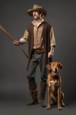 Full body cowboy with a dog and fancy walking stick