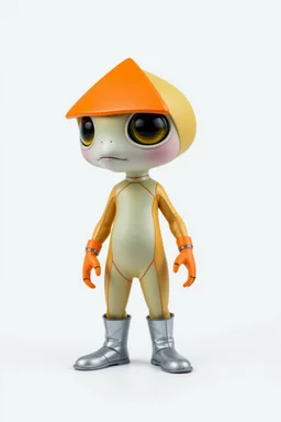 Full head to toe portrait + profile of a creature with (((a flat orange triangle pointing downwards for a head))), large round eyes like bright yellow headlights, a small body, its feet are in seamless silver and orange skin-tight boots with its skin-tight jumpsuit. It stands out against a white background.