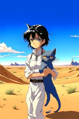 Meryl Stryfe Trigun young girl short black hair anime white clothes standing in the desert with a cat in her arms