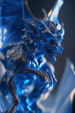 transparent gemstone gargoyle, in blue fire chrome casino, high detail, 8k, cinematic, depth of field, art