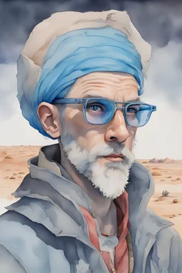 saturated Watercolor paint of strange good man, 30 year old, blu eyes, prescription glasses, blue hair, gray beard, dressed as a cyberpunk explorer of the desert in the style of Elik Bilal. Around the man there is a strange kind of objects