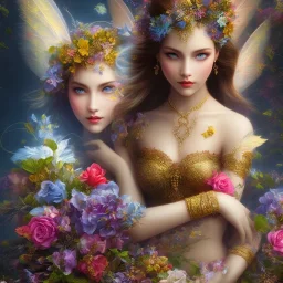 bright fairy, beautiful portrait, flowery landscape