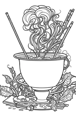 Outline art for coloring page, A CIGARETTE WITH WHISPS OF SMOKE OUTSIDE OF A JAPANESE CHAWAN TEACUP, coloring page, white background, Sketch style, only use outline, clean line art, white background, no shadows, no shading, no color, clear