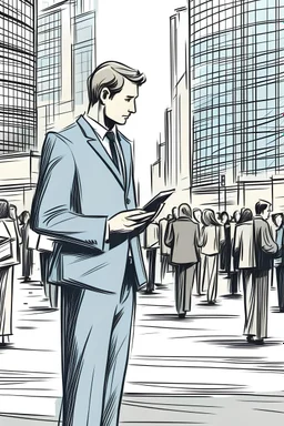 a stylized well-dressed researcher taking notes while standing and observing people in a urban environment, with a focus on blocnotes