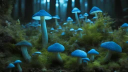 Photoreal gorgeous cluster of of giant blue and green fluorescent luminescent mushrooms as far as the eye can see in the pitch black underdark of the Forgotten Realms. otherworldly creatures, in the style of fantasy movies, shot on Hasselblad h6d-400c, zeiss prime lens, bokeh like f/0.8, tilt-shift lens, 8k, high detail, smooth render, unreal engine 5, cinema 4d, HDR, dust effect, vivid colors.