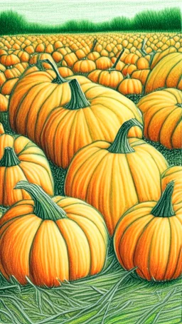 pencil drawing with colored pencils of a pumpkin patch, green