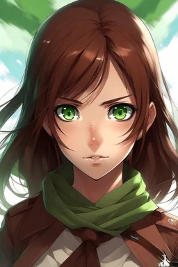 Attack on Titan a girl with square green eyes and brown hair