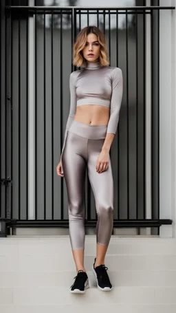 satin leggins, lycra leggins, satin top, lycra top, short wavy bob haircut, abs, sixpack, thin body, palmtrees, raw