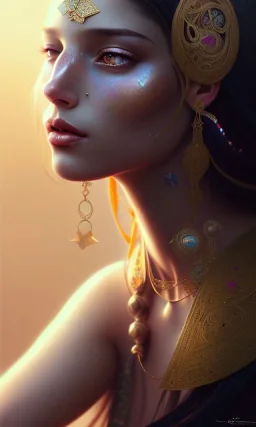 Arab princess , cute, beautiful, long hair, wavy hair, black eyes, head and shoulders portrait, 8k resolution concept art portrait by Greg Rutkowski, Artgerm, WLOP, Alphonse Mucha dynamic lighting hyperdetailed intricately detailed