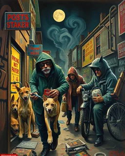 Bosch painting style ,nightmare, street baggers, hashish smoker , prostitute stray dogs and cats,