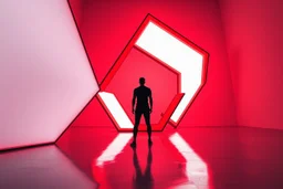 Ultra realistic studio fine art photography of a human figure interacting with large geometric light structures, red and white minimal lighting design, physically built set with reflective surfaces, dramatic shadows, contemporary art installation style, editorial composition, shot on Canon EOS R5, 24mm lens, f/4, ISO 200, RAW photo, HDR, true-to-life colors, ultra photorealistic, highly detailed, sharp focus, masterpiece, 8k, modern art photography