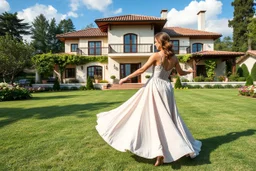 full body close up shot ,country side modern villa wide yard in front of villa ,a beautiful lady in nice long dress dancing in front of camera,flowers blue sky ,petty flophy clouds