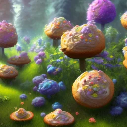 pixar style, volumetric summer garden environment and background, realistic painting of muffins, looking excited, volumetric lighting, dramatic lighting, detailed digital painting, extreme dense and fine fur, anime, ornate, colour-washed colors, elegant, small minutiae, tiny features, particulars, centered, smooth, sharp focus, renderman gofur render, 8k, uhd, detailed eyes, realistic shaded volumetric lighting, sunlight caustics, backlight, centered camera view