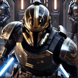 star wars bald male corellian pilot wearing pearlescent black and gunmetal grey First Order special forces heavy assault stealth commando armor and helmet with gold trim inside the jedi temple, hyperdetailed, dynamic lighting, hyperdetailed background, 8k resolution, volumetric lighting, light skin, fully symmetric details