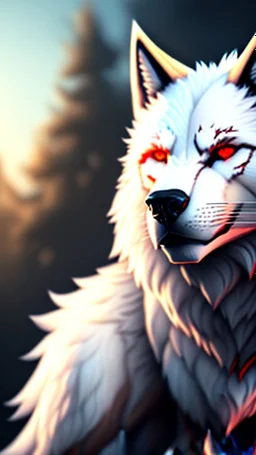 Feral, White fur, Werewolf, Red eyes, character, full body portrait, expert, insanely detailed, 4k resolution, cinematic smooth, intricate detail, fluffy, award wining portrait