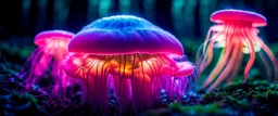 microscope bio luminous Rainbow floating Fungus JellyFish, fungal, light floating in a forest, mist, light trails, nighttime,long exposure, Treeline, Alberta, scientist, Dystopian, Hyper detailed, Realistic, Extreme depth of field, bokeh blur, Alberta all-natural, National Geographic, in the style of candid, imperfection, natural lighting, cinematic, Fuji Film, Anamorphic lens, 2040s, --ar 4:5 --w 150 --style raw