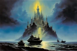 space castle floating above a stormy silver sea, by Bruce Pennington