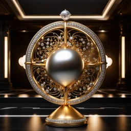 A magnificent golden and silver heart-shaped sign adorned with a stunning golden sphere encrusted with sparkling diamond clusters at its center, elegantly spinning in position.