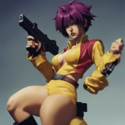 [cowboy bebop] Faye Valentine in her iconic outfit, she points a gun on the camera