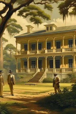 Illustrate a grand plantation setting in the 1800s, with Isaac Franklin and John Armfield as wealthy slave owners. Highlight their opulent lifestyle and the beginning of their partnership.