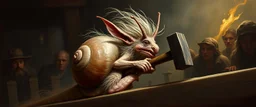 hårete gremlin hurtig snegle med vind i håret på fest med stor slegge aker ned sklie malt av Rembrandt