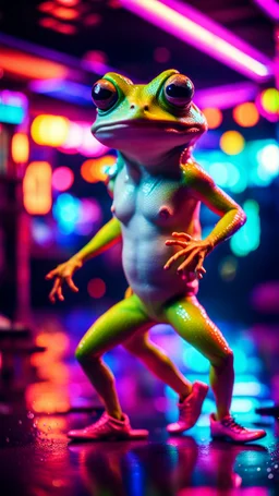 sexy stunt funky punk hippy hairy white skinned frog pimp tap dancer fashion gremlin in the middle of crazy dance moves dancing on buss parked in dark neon lit reflective wet arcade hall tunnel,bokeh like f/0.8, tilt-shift lens 8k, high detail, smooth render, down-light, unreal engine, prize winning