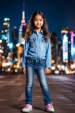 Little 8 years old 1girl wearing a pretty shirt and jean pant, standing pose,modern city ,night view