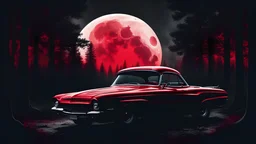 the silhouette of a woman in a muscle old car, dark forest, black and red image, night, realistic, moon and stars, blood