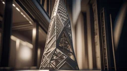 A mechanical concrete skyscraper, designed by Gensler, 3D printed triangles, blizzard game studios, interior architectural photography, shallow depth of field, 8k uhd, dslr, soft lighting, high quality, photorealistic, realism, hyperrealism, product photography, bloom