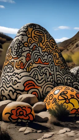 A brown mountain filled with rock construction golems painted by Keith Haring