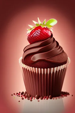 A cup cake chocolate with strawberry vactory background